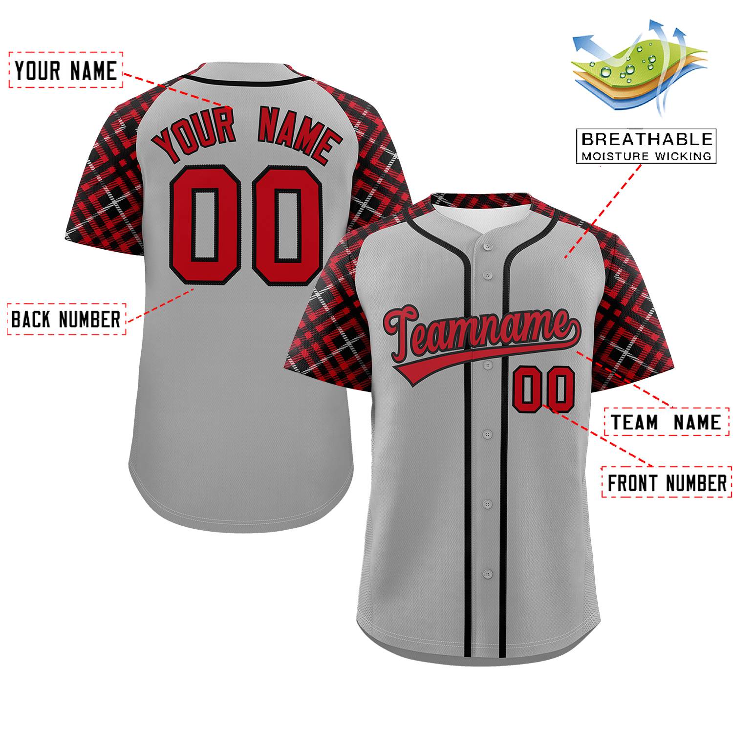 Custom Gray Red-Black Personalized Raglan Sleeves Authentic Baseball Jersey | KXKSHOP