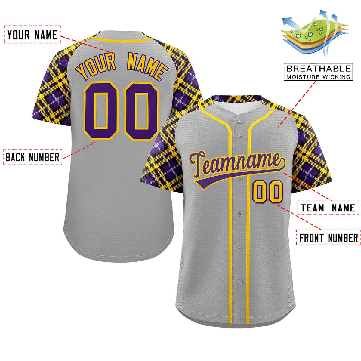 Custom Gray Purple-Gold Personalized Raglan Sleeves Authentic Baseball Jersey | KXKSHOP