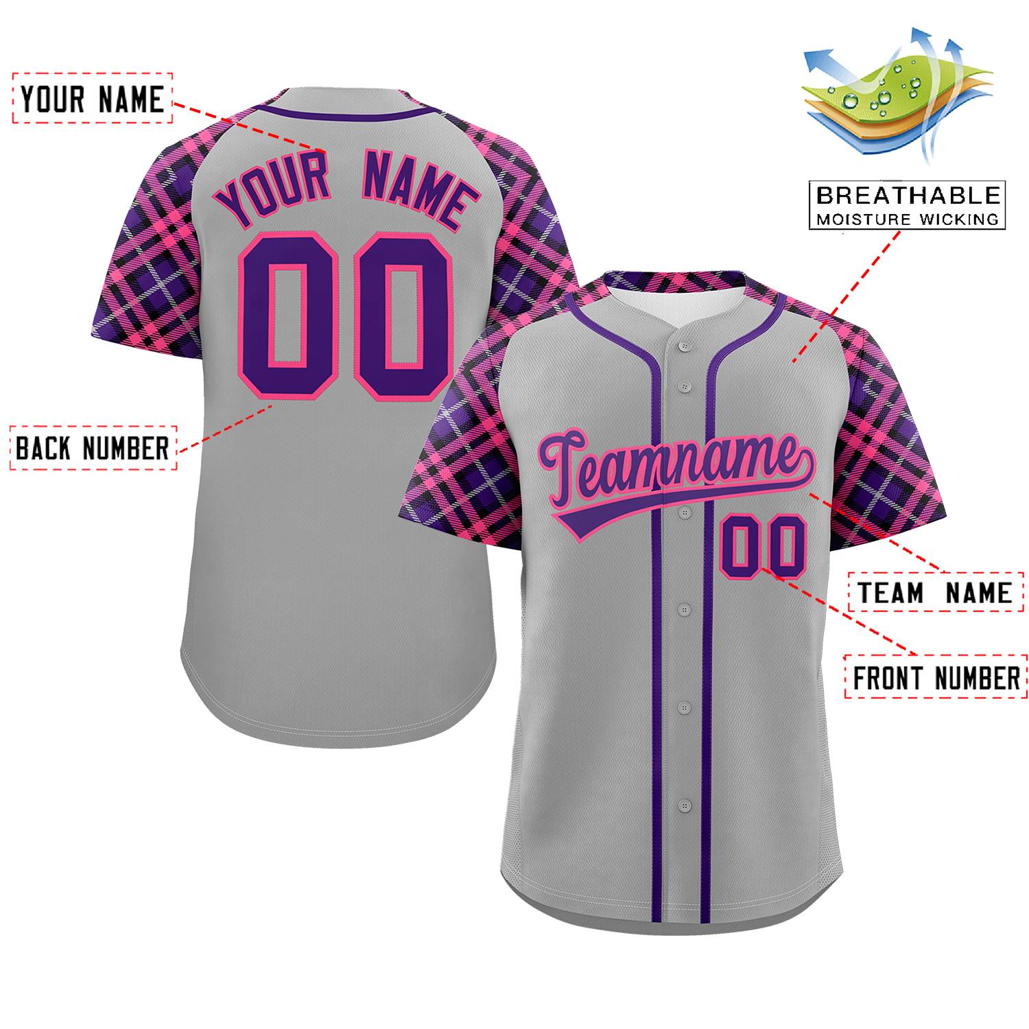 Custom Gray Purple-Pink Personalized Raglan Sleeves Authentic Baseball Jersey | KXKSHOP