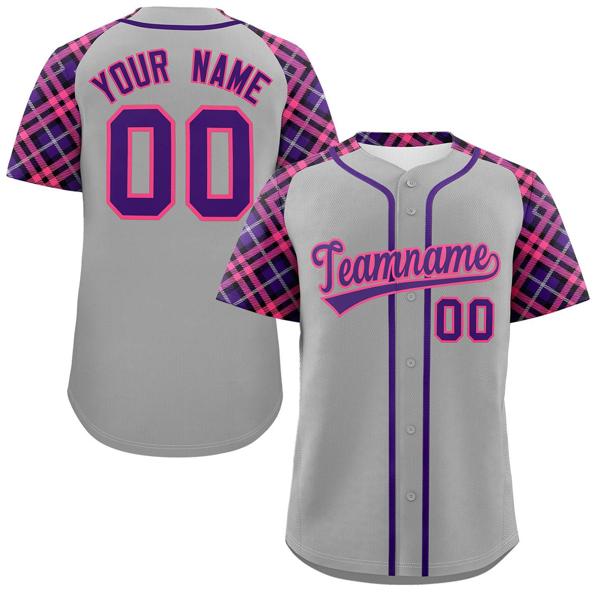 Custom Gray Purple-Pink Personalized Raglan Sleeves Authentic Baseball Jersey | KXKSHOP