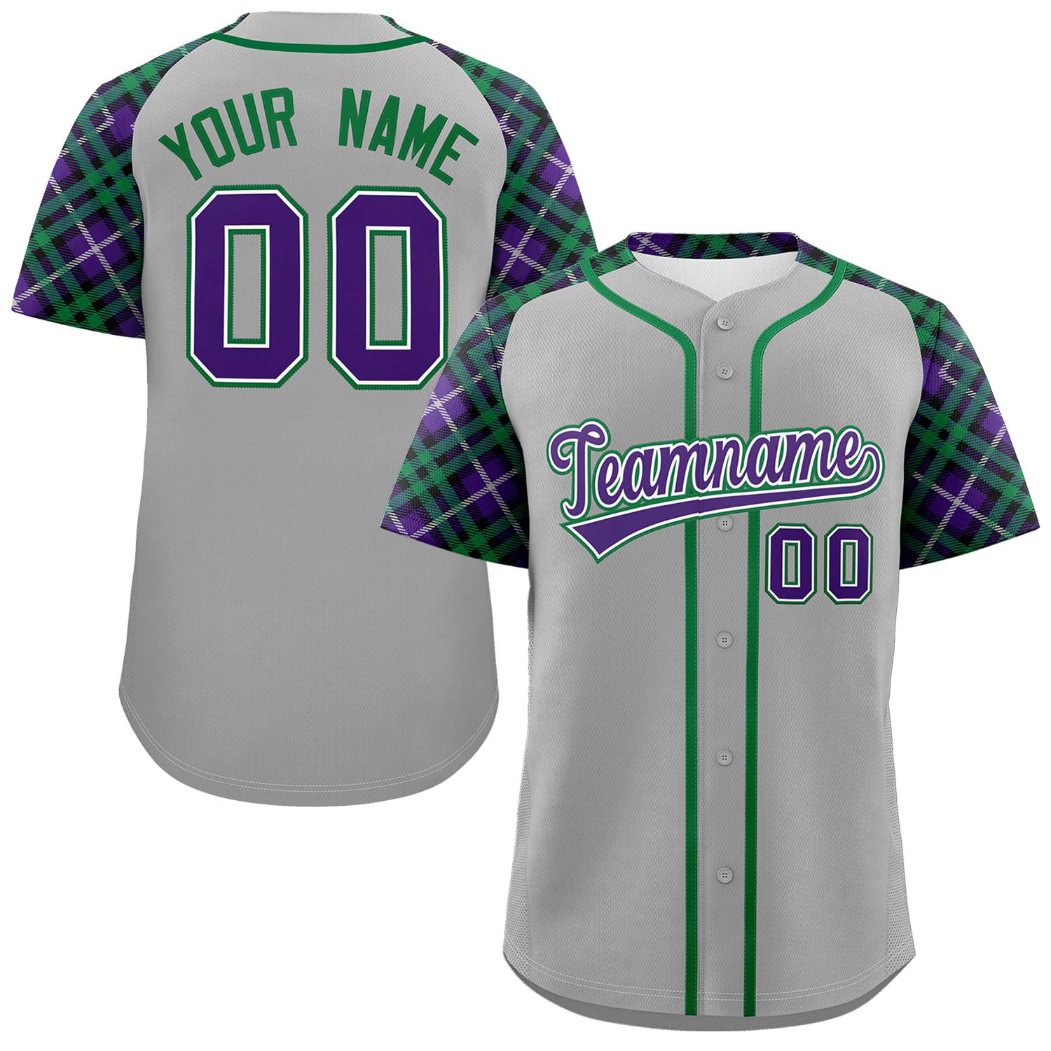 Custom Gray Purple-Kelly Green Personalized Raglan Sleeves Authentic Baseball Jersey | KXKSHOP
