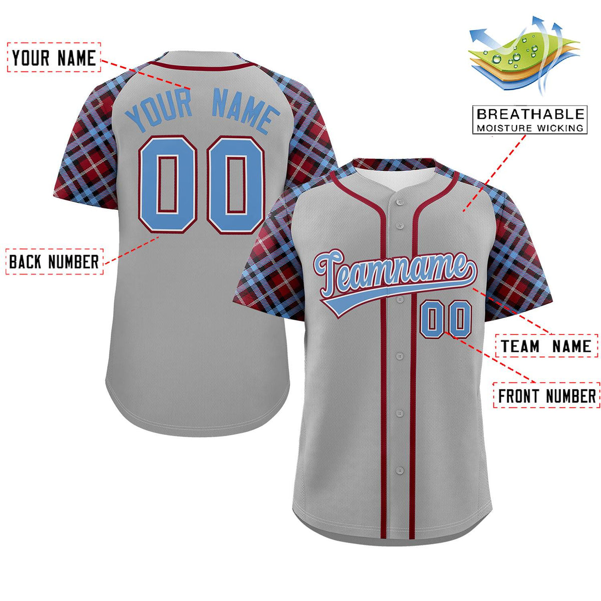 Custom Gray Light Blue-Crimson Personalized Raglan Sleeves Authentic Baseball Jersey | KXKSHOP