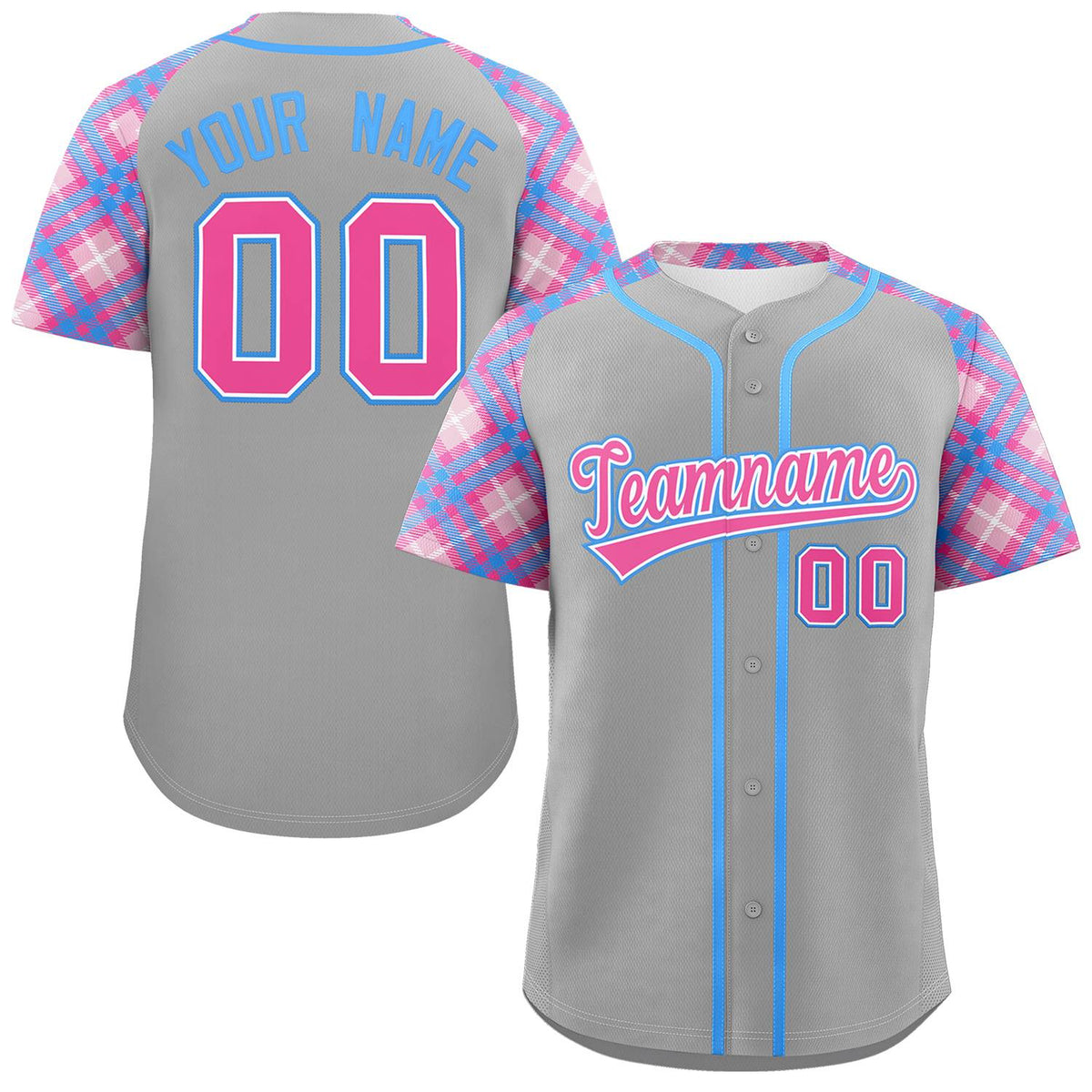 Custom Gray Pink-Light Blue Personalized Raglan Sleeves Authentic Baseball Jersey | KXKSHOP