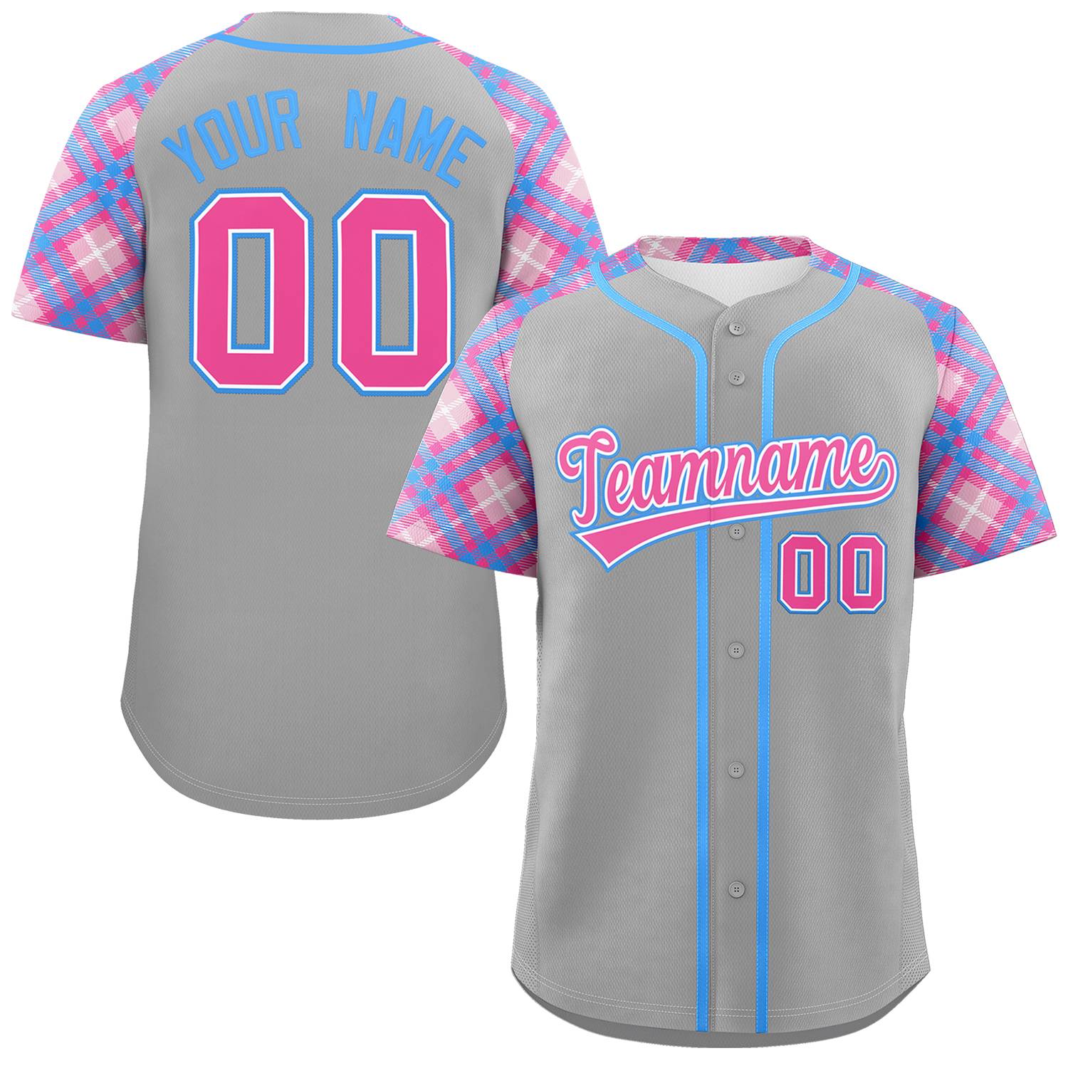 Custom Gray Pink-Light Blue Personalized Raglan Sleeves Authentic Baseball Jersey | KXKSHOP