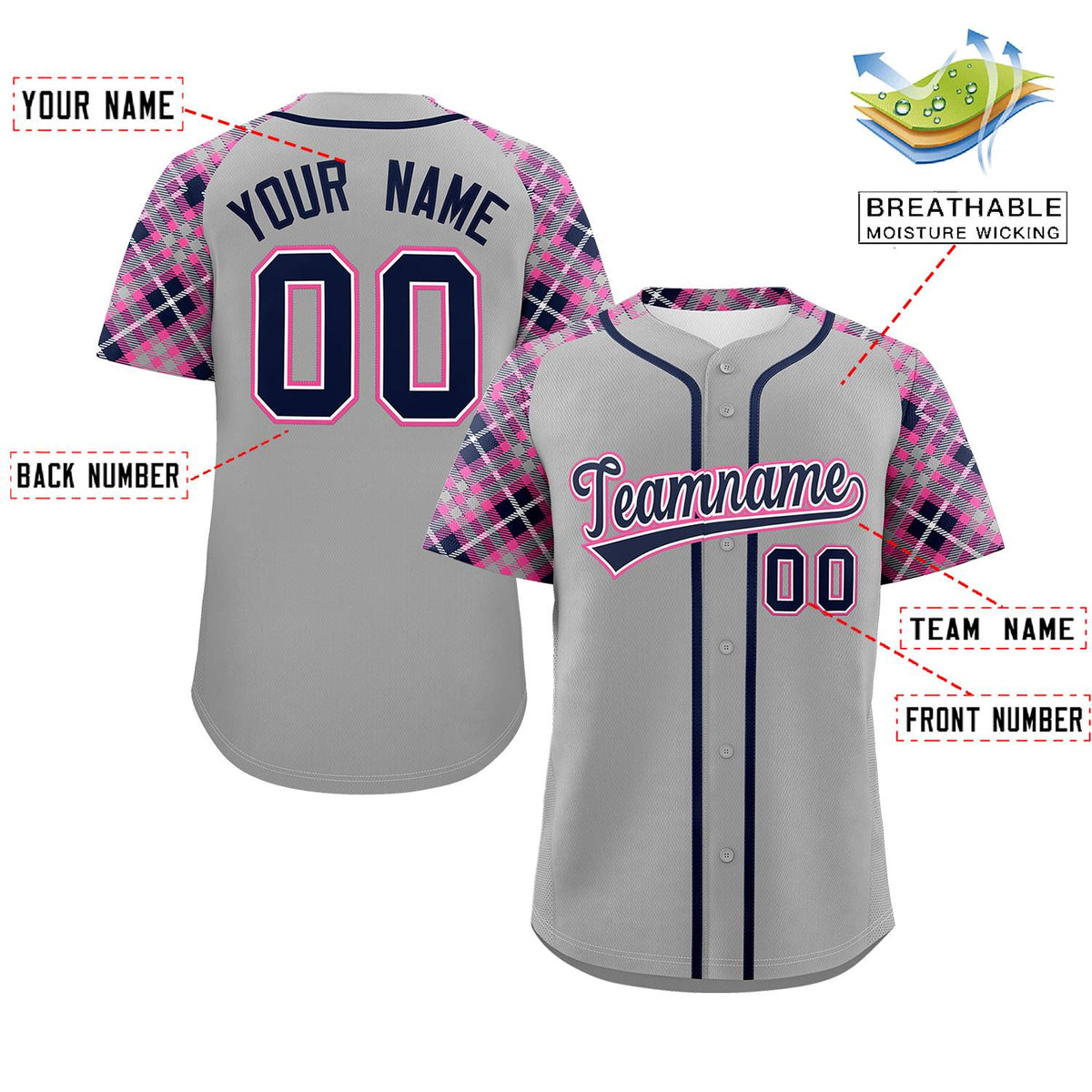 Custom Gray Navy-Pink Personalized Raglan Sleeves Authentic Baseball Jersey | KXKSHOP