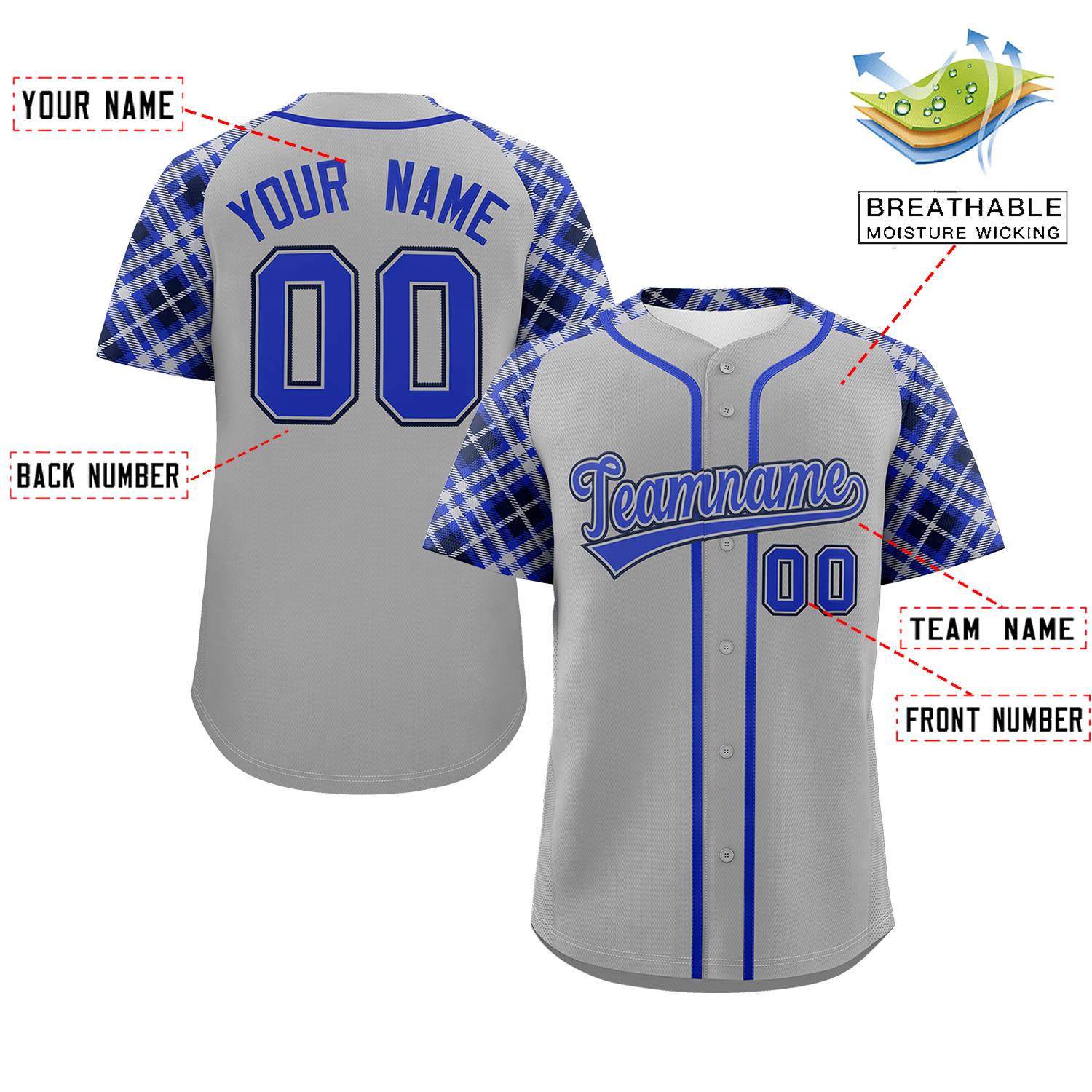 Custom Gray Royal-Navy Personalized Raglan Sleeves Authentic Baseball Jersey | KXKSHOP