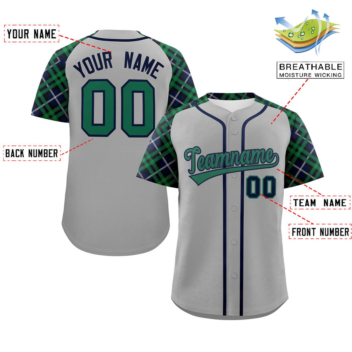 Custom Gray Kelly Green-Navy Personalized Raglan Sleeves Authentic Baseball Jersey | KXKSHOP