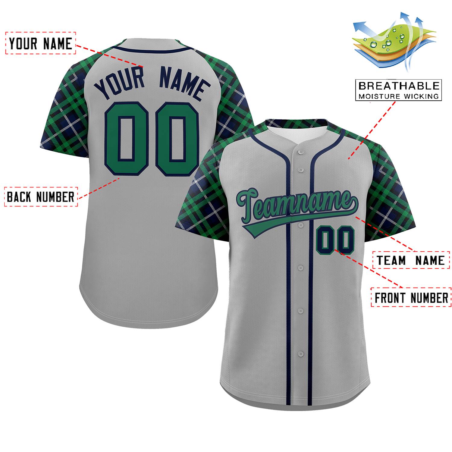 Custom Gray Kelly Green-Navy Personalized Raglan Sleeves Authentic Baseball Jersey | KXKSHOP