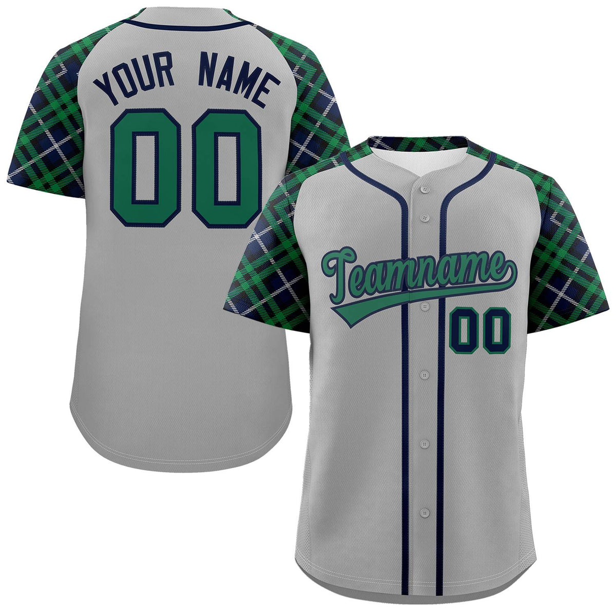 Custom Gray Kelly Green-Navy Personalized Raglan Sleeves Authentic Baseball Jersey | KXKSHOP