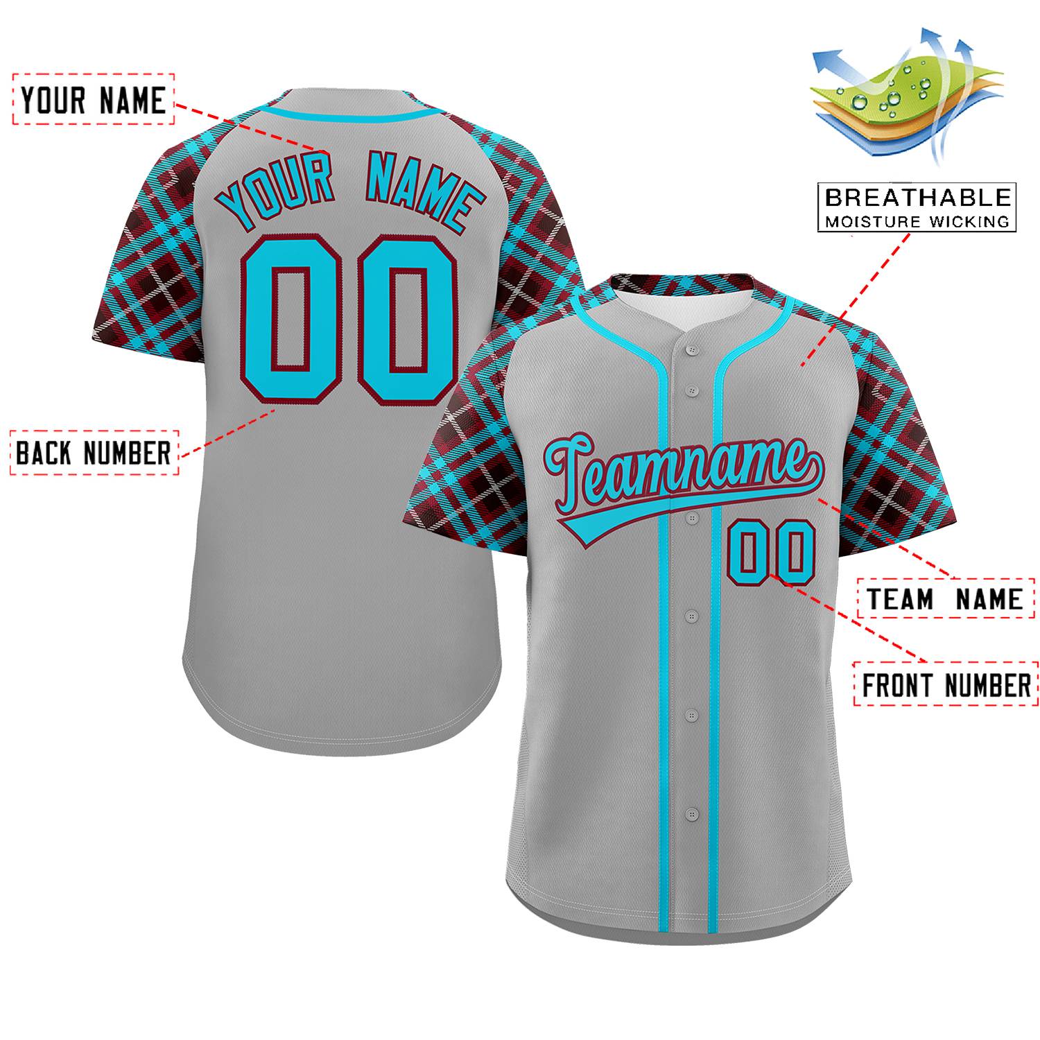 Custom Gray Sky Blue-Crimson Personalized Raglan Sleeves Authentic Baseball Jersey | KXKSHOP