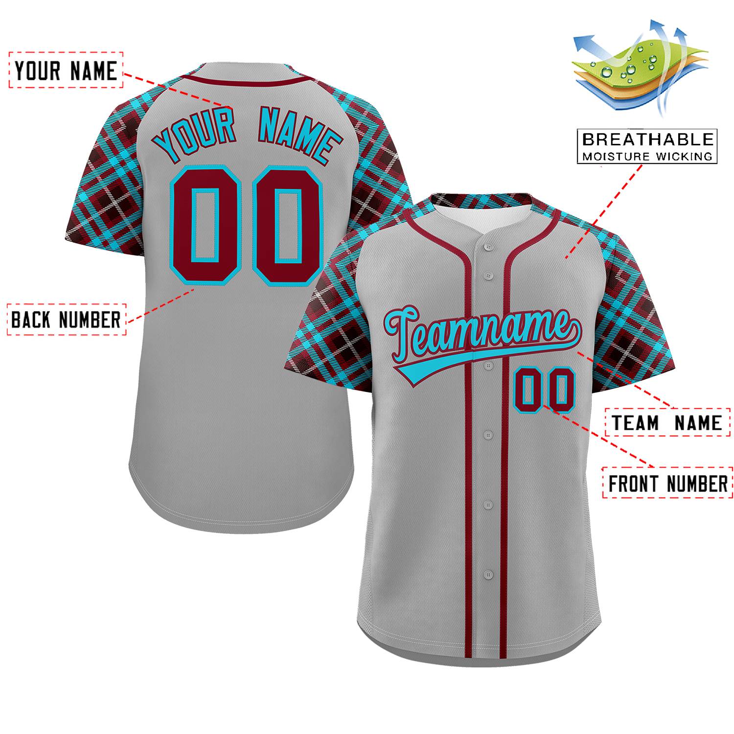 Custom Gray Sky Blue-Crimson Personalized Raglan Sleeves Authentic Baseball Jersey | KXKSHOP