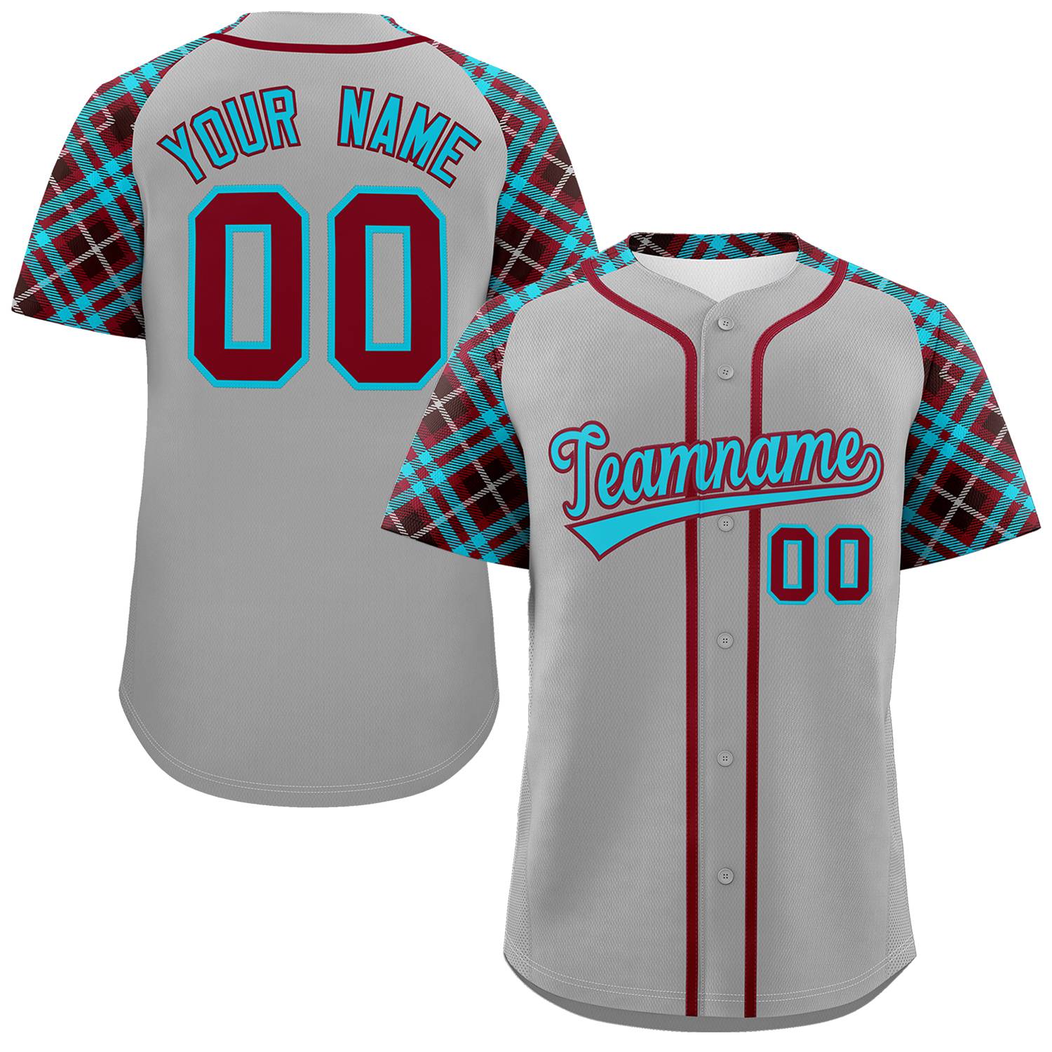 Custom Gray Sky Blue-Crimson Personalized Raglan Sleeves Authentic Baseball Jersey | KXKSHOP