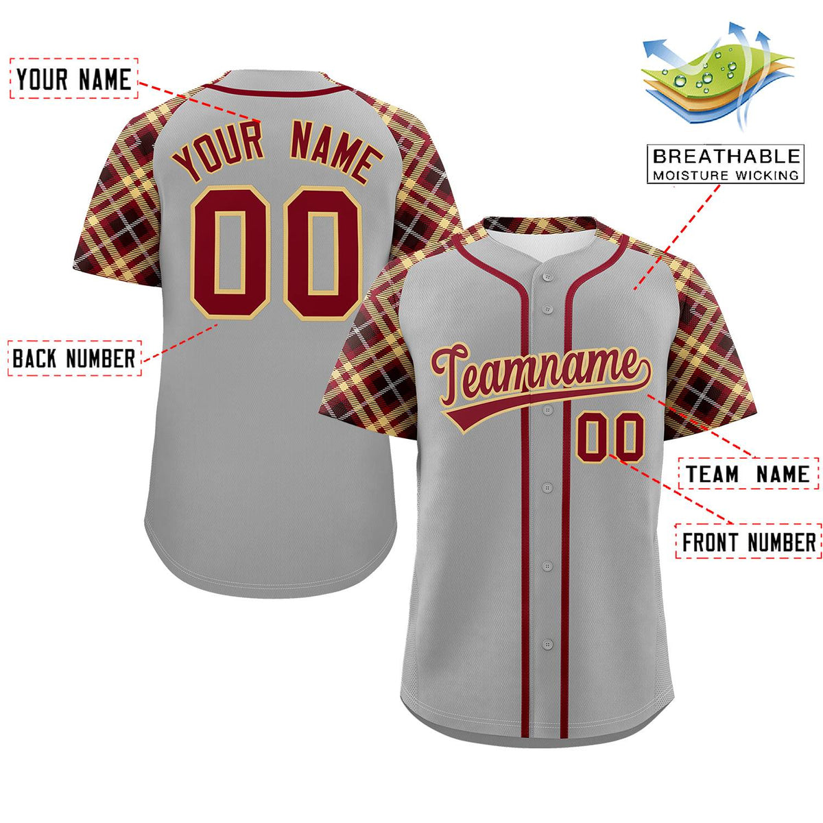 Custom Gray Red-Khaki Personalized Raglan Sleeves Authentic Baseball Jersey | KXKSHOP