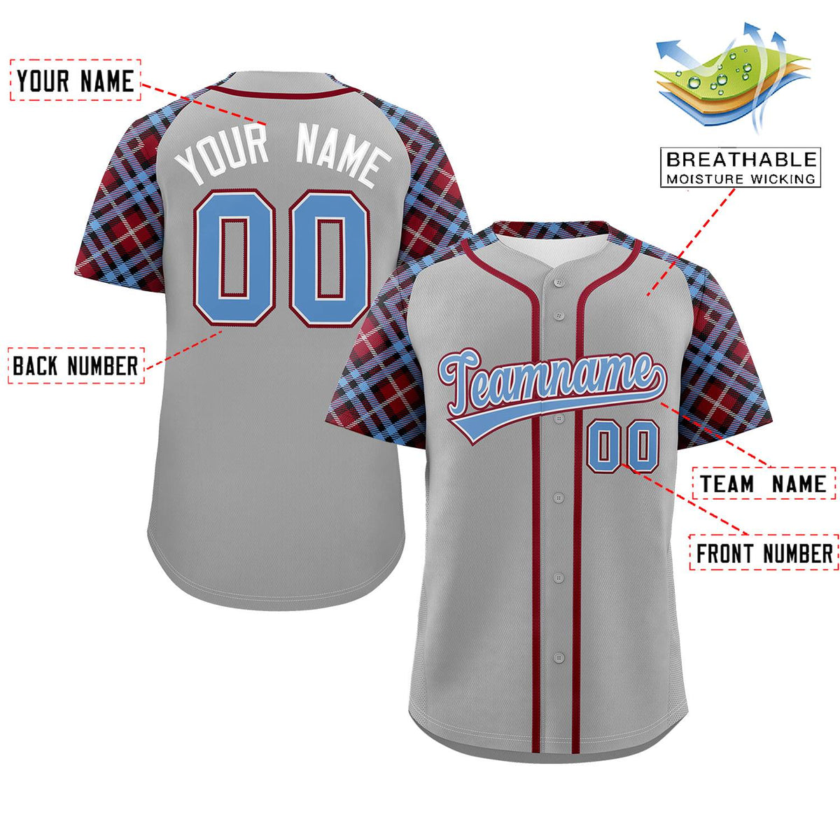 Custom Gray Light Blue-Crimson Personalized Raglan Sleeves Authentic Baseball Jersey | KXKSHOP