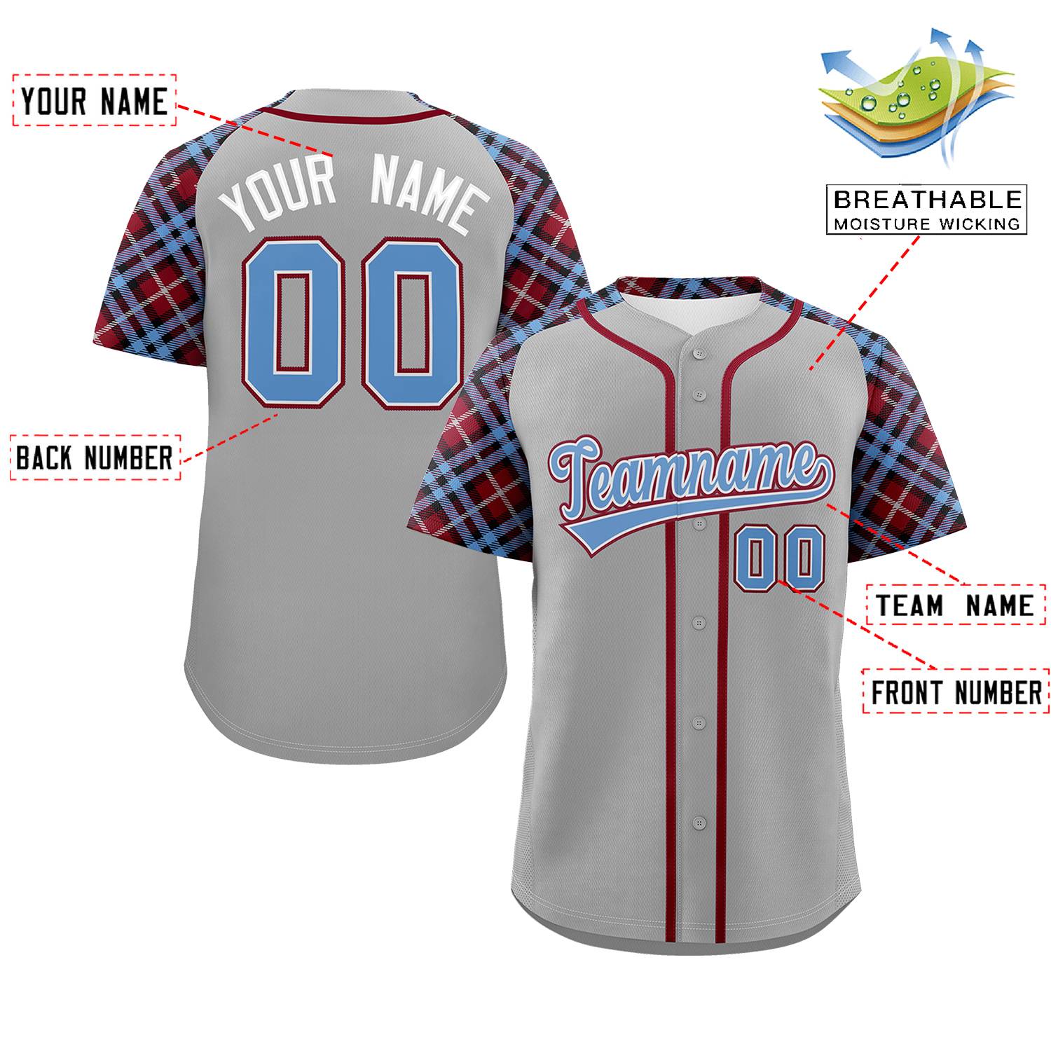 Custom Gray Light Blue-Crimson Personalized Raglan Sleeves Authentic Baseball Jersey | KXKSHOP