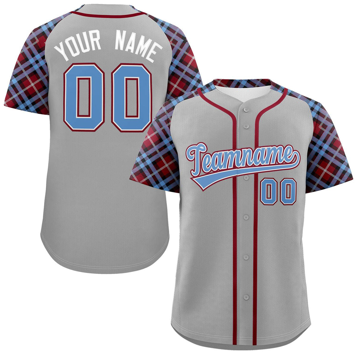 Custom Gray Light Blue-Crimson Personalized Raglan Sleeves Authentic Baseball Jersey | KXKSHOP