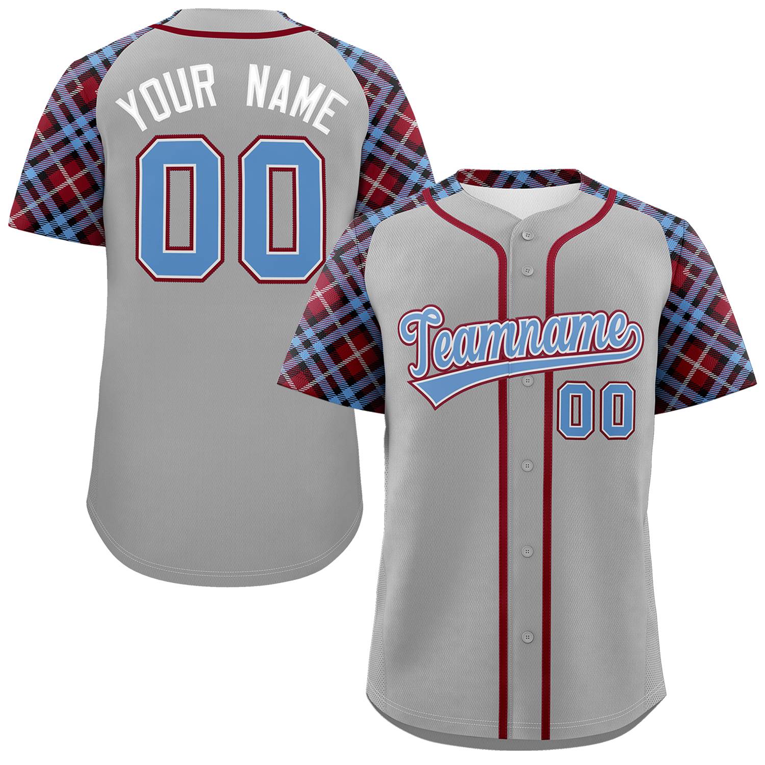 Custom Gray Light Blue-Crimson Personalized Raglan Sleeves Authentic Baseball Jersey | KXKSHOP