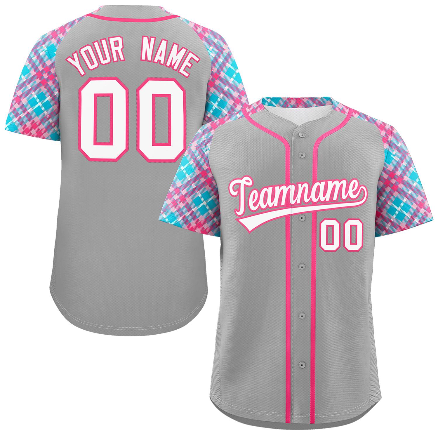 Custom Gray White-Pink Personalized Raglan Sleeves Authentic Baseball Jersey | KXKSHOP