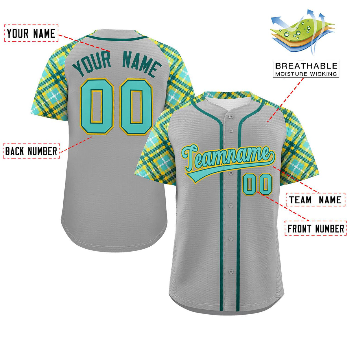 Custom Gray Green-Gold Personalized Raglan Sleeves Authentic Baseball Jersey | KXKSHOP