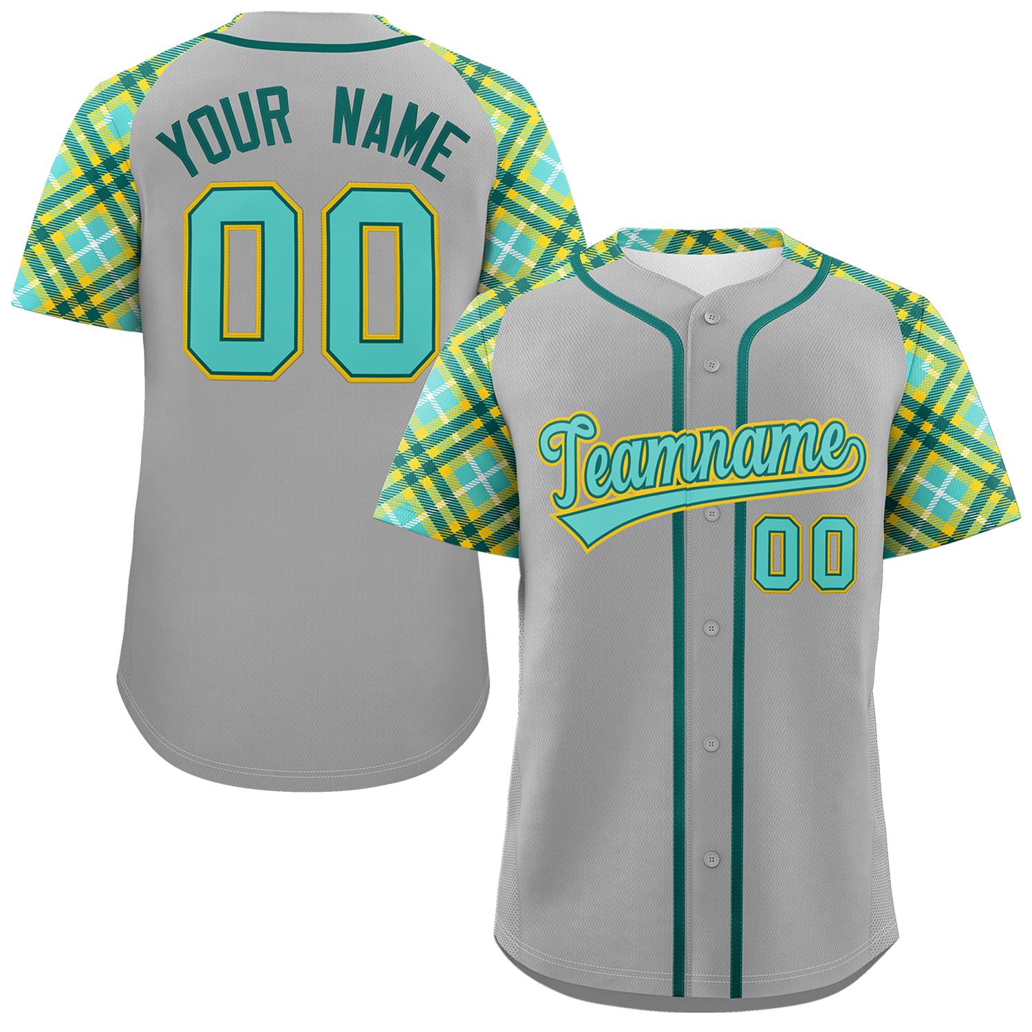 Custom Gray Green-Gold Personalized Raglan Sleeves Authentic Baseball Jersey | KXKSHOP