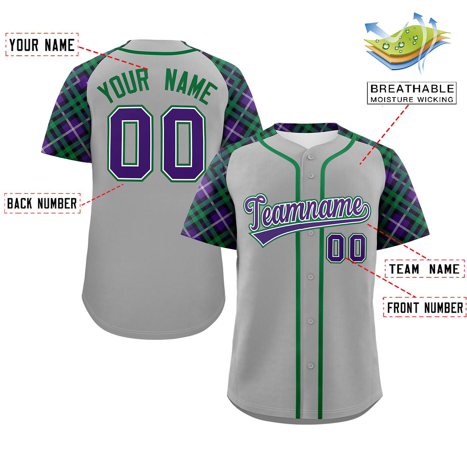 Custom Gray Purple-Teal Personalized Raglan Sleeves Authentic Baseball Jersey | KXKSHOP