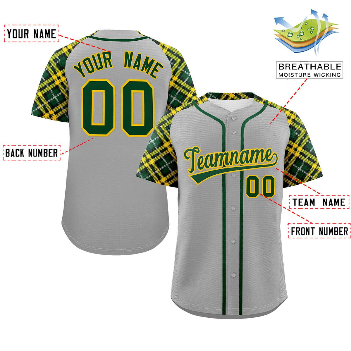Custom Gray Green-Gold Personalized Raglan Sleeves Authentic Baseball Jersey | KXKSHOP