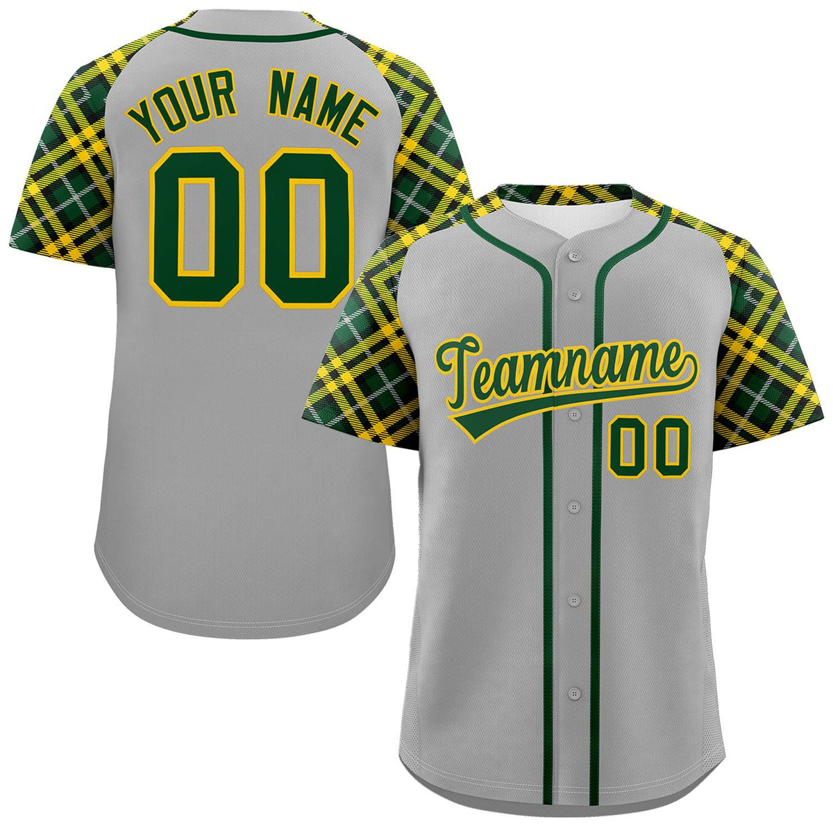 Custom Gray Green-Gold Personalized Raglan Sleeves Authentic Baseball Jersey | KXKSHOP