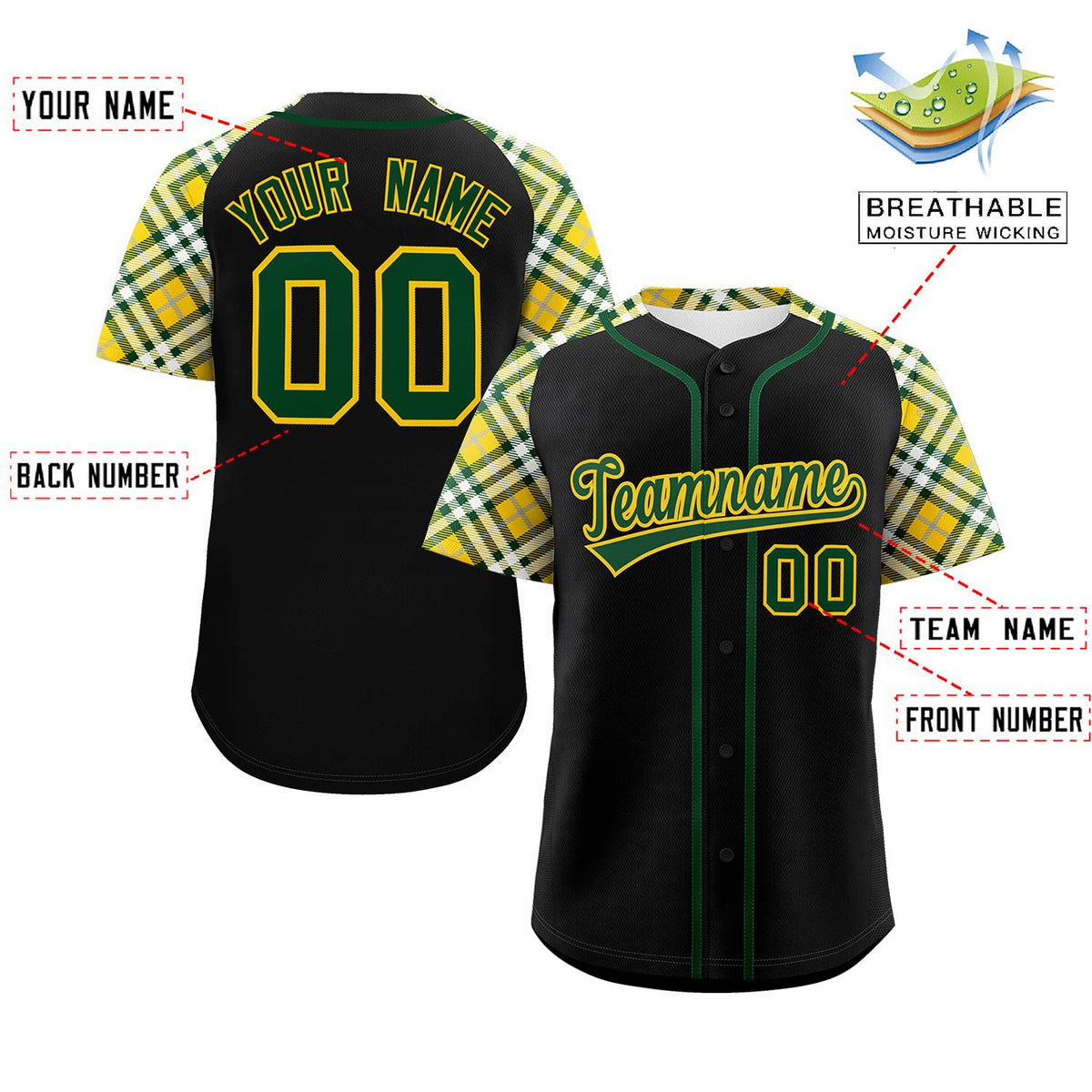 Custom Black Green-Gold Personalized Raglan Sleeves Authentic Baseball Jersey | KXKSHOP