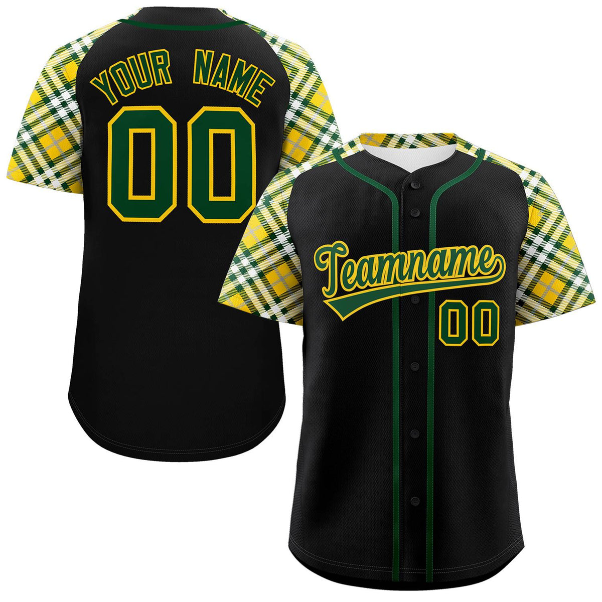 Custom Black Green-Gold Personalized Raglan Sleeves Authentic Baseball Jersey | KXKSHOP