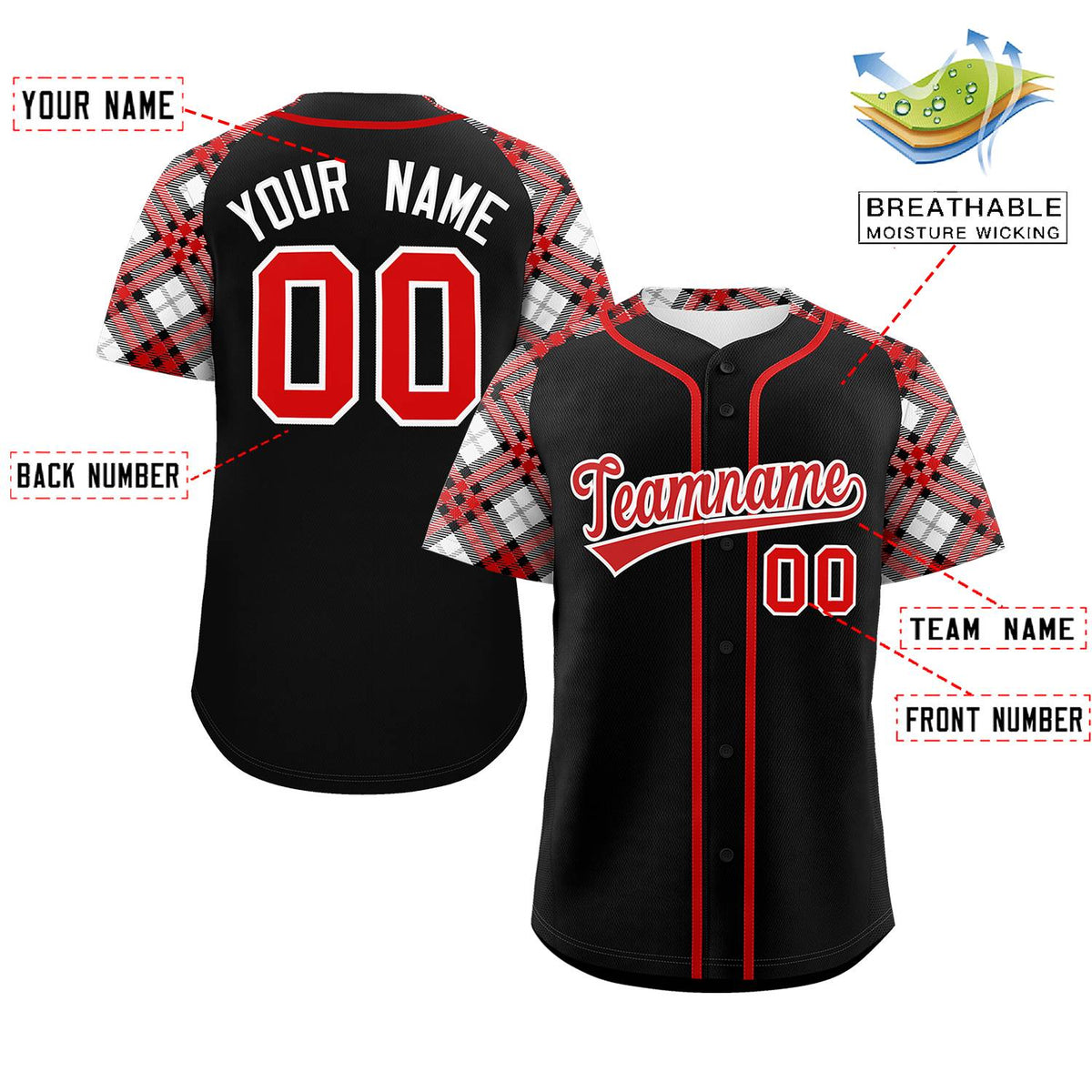 Custom Black Red-White Personalized Raglan Sleeves Authentic Baseball Jersey | KXKSHOP