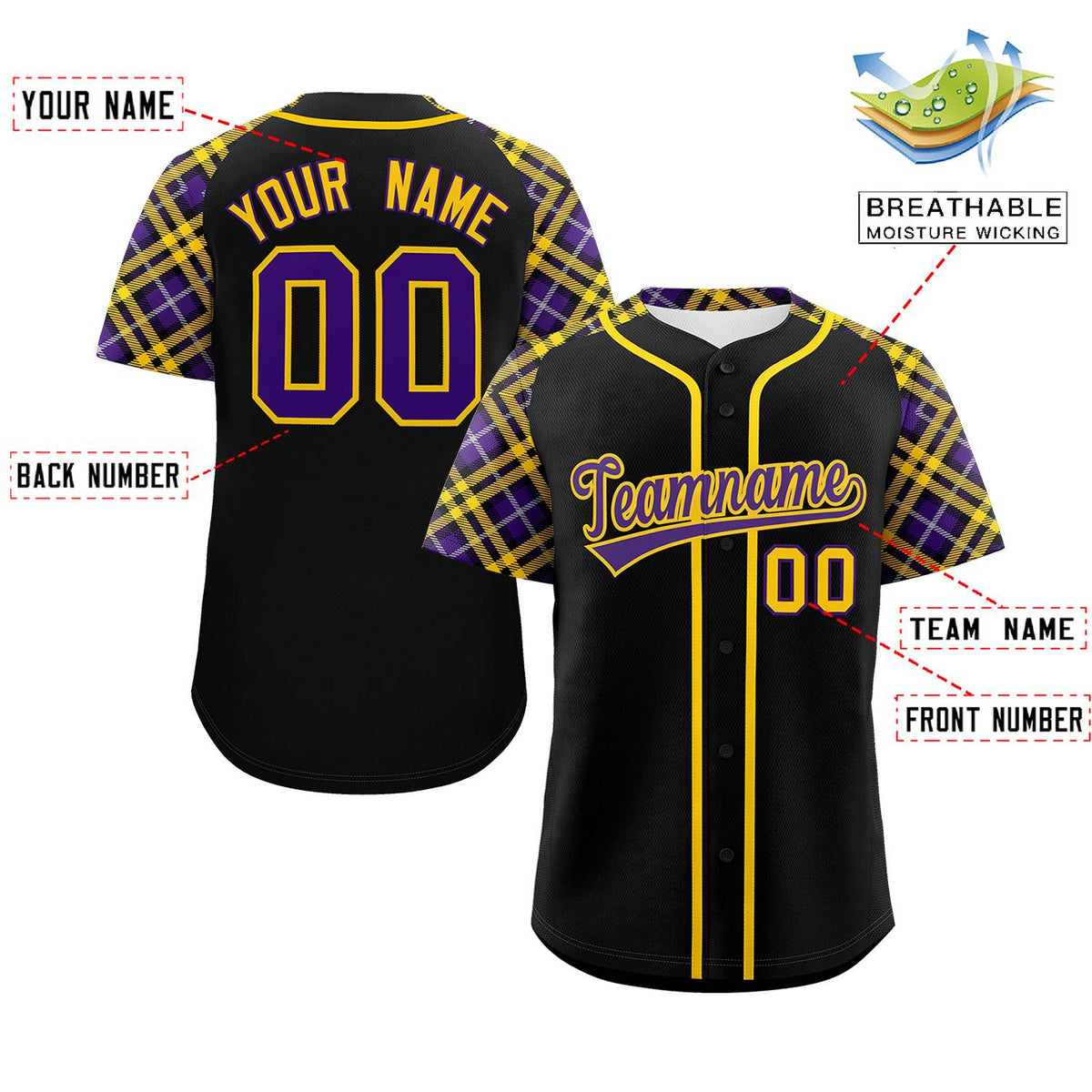 Custom Black Purple-Gold Personalized Raglan Sleeves Authentic Baseball Jersey | KXKSHOP