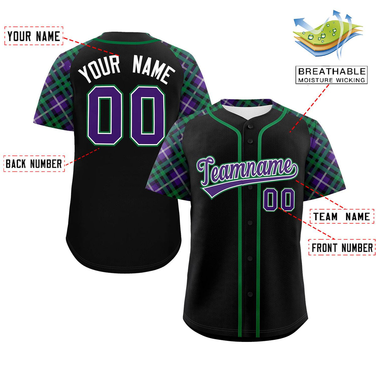 Custom Black Purple-Teal Personalized Raglan Sleeves Authentic Baseball Jersey | KXKSHOP
