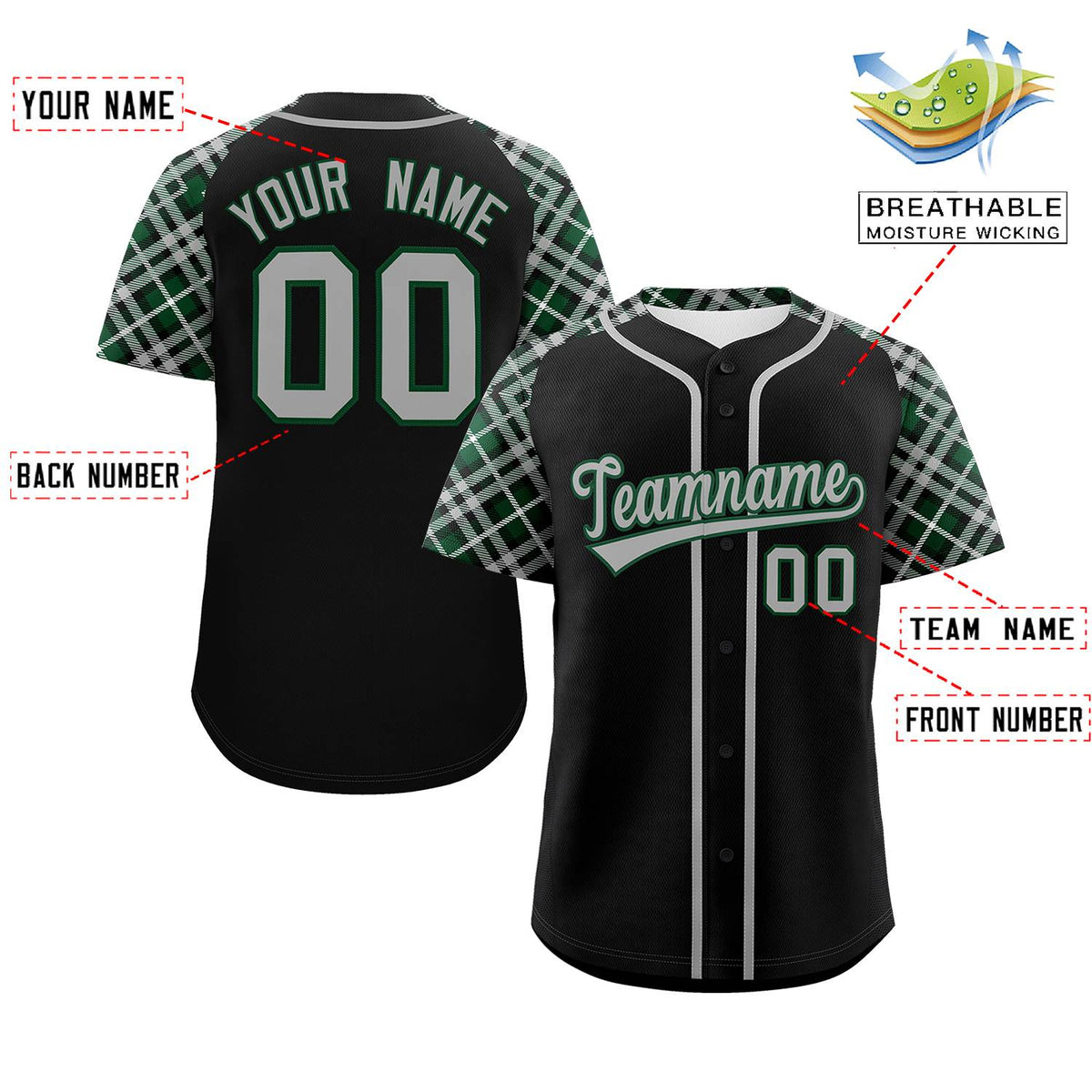 Custom Black Gray-Green Personalized Raglan Sleeves Authentic Baseball Jersey | KXKSHOP