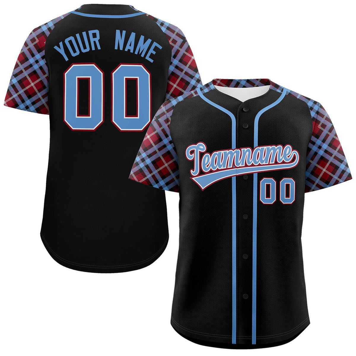 Custom Black Light Blue-Crimson Personalized Raglan Sleeves Authentic Baseball Jersey | KXKSHOP