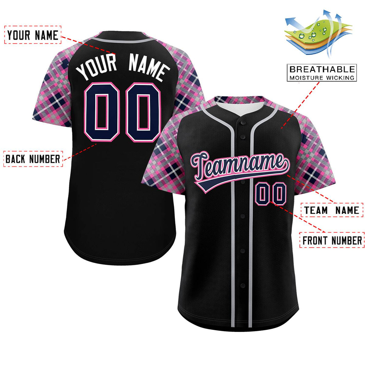 Custom Black Navy-Pink Personalized Raglan Sleeves Authentic Baseball Jersey | KXKSHOP
