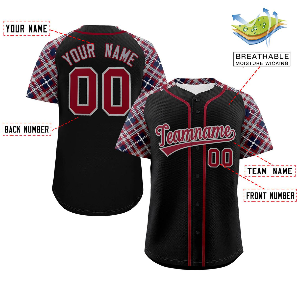 Custom Black Crimson-Dark Gray Personalized Raglan Sleeves Authentic Baseball Jersey | KXKSHOP