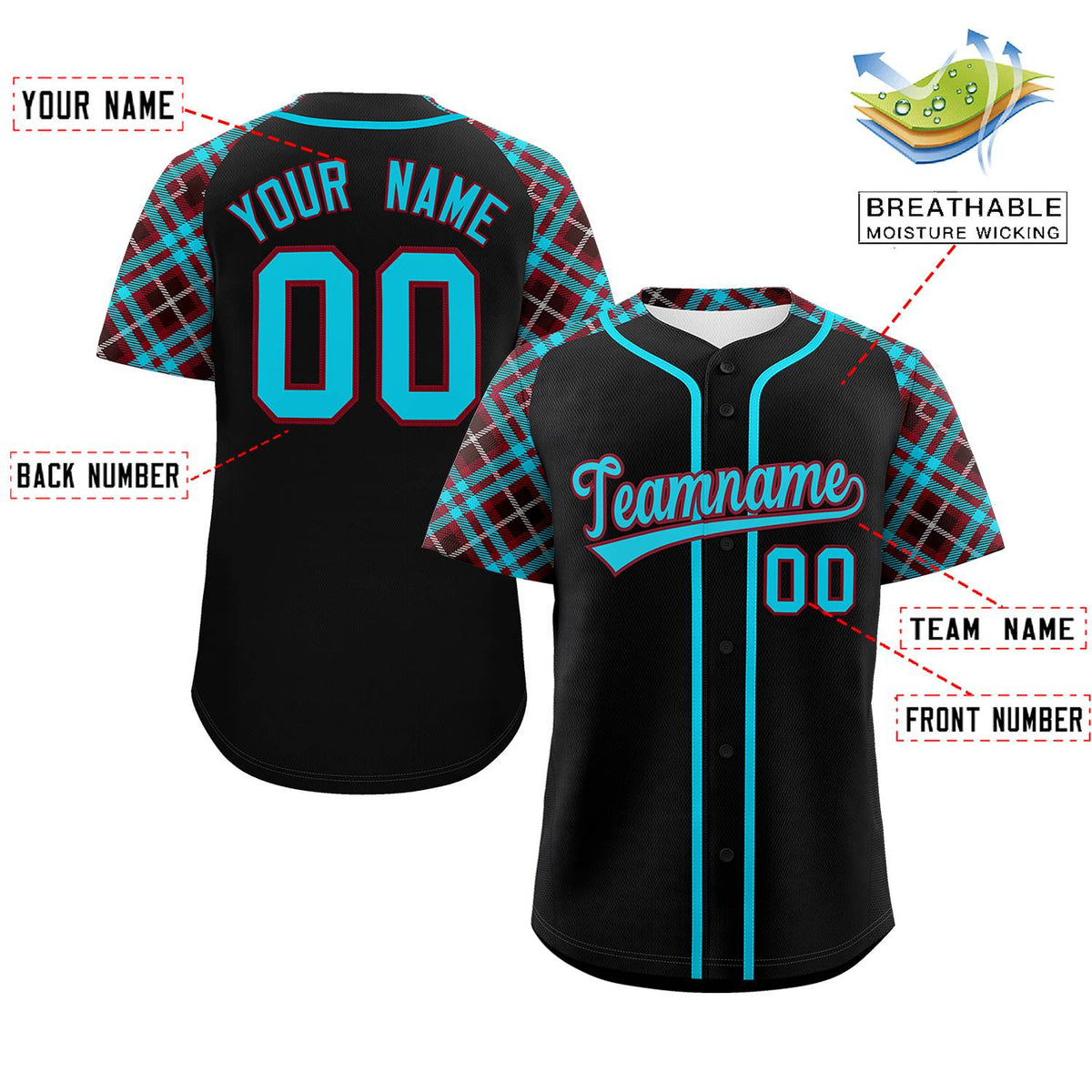 Custom Black Sky Blue-Crimson Personalized Raglan Sleeves Authentic Baseball Jersey | KXKSHOP