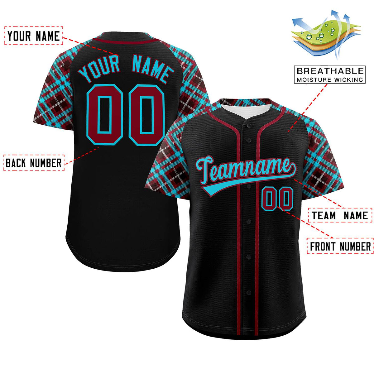 Custom Black Sky Blue-Crimson Personalized Raglan Sleeves Authentic Baseball Jersey | KXKSHOP