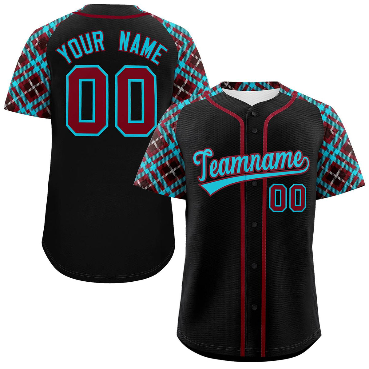 Custom Black Sky Blue-Crimson Personalized Raglan Sleeves Authentic Baseball Jersey | KXKSHOP