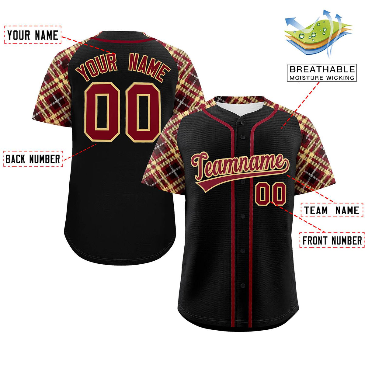 Custom Black Crimson-Old Gold Personalized Raglan Sleeves Authentic Baseball Jersey | KXKSHOP