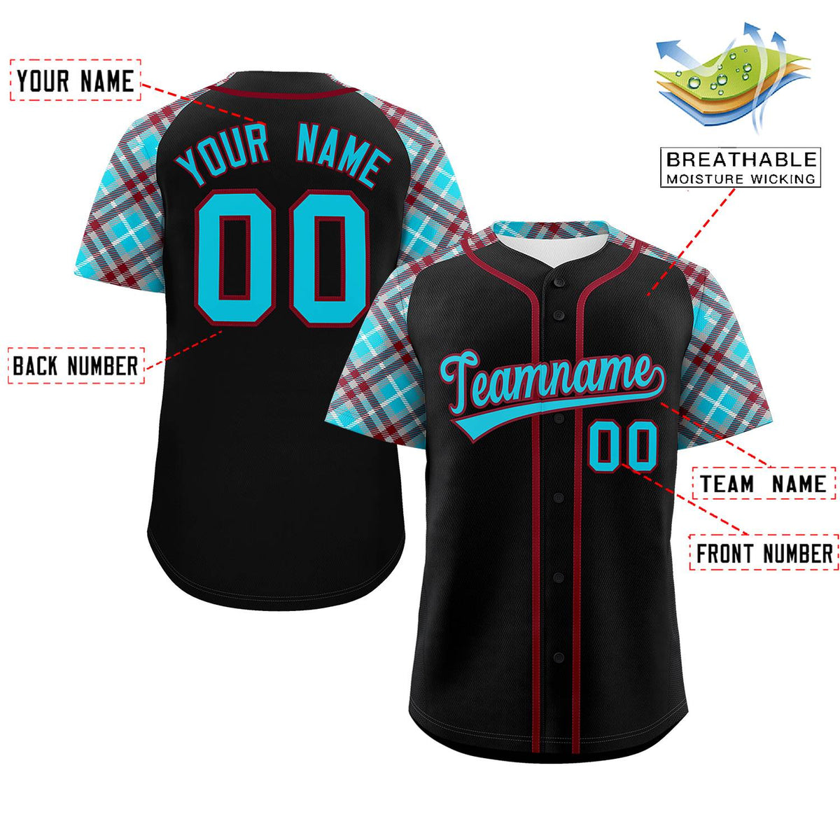 Custom Black Sky Blue-Crimson Personalized Raglan Sleeves Authentic Baseball Jersey | KXKSHOP