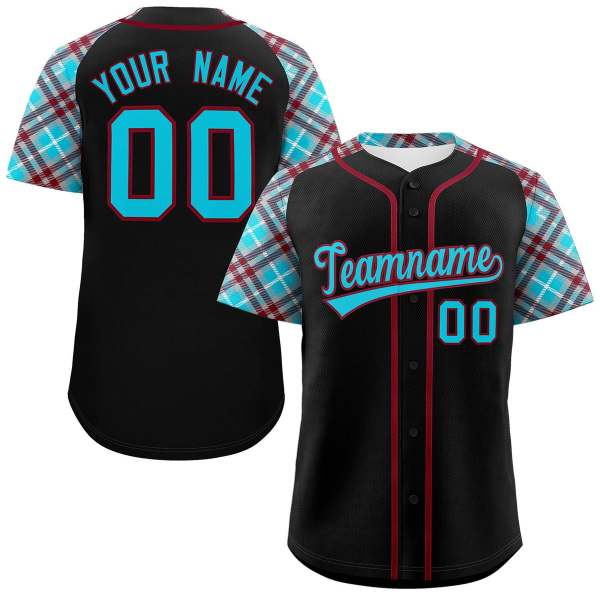 Custom Black Sky Blue-Crimson Personalized Raglan Sleeves Authentic Baseball Jersey | KXKSHOP