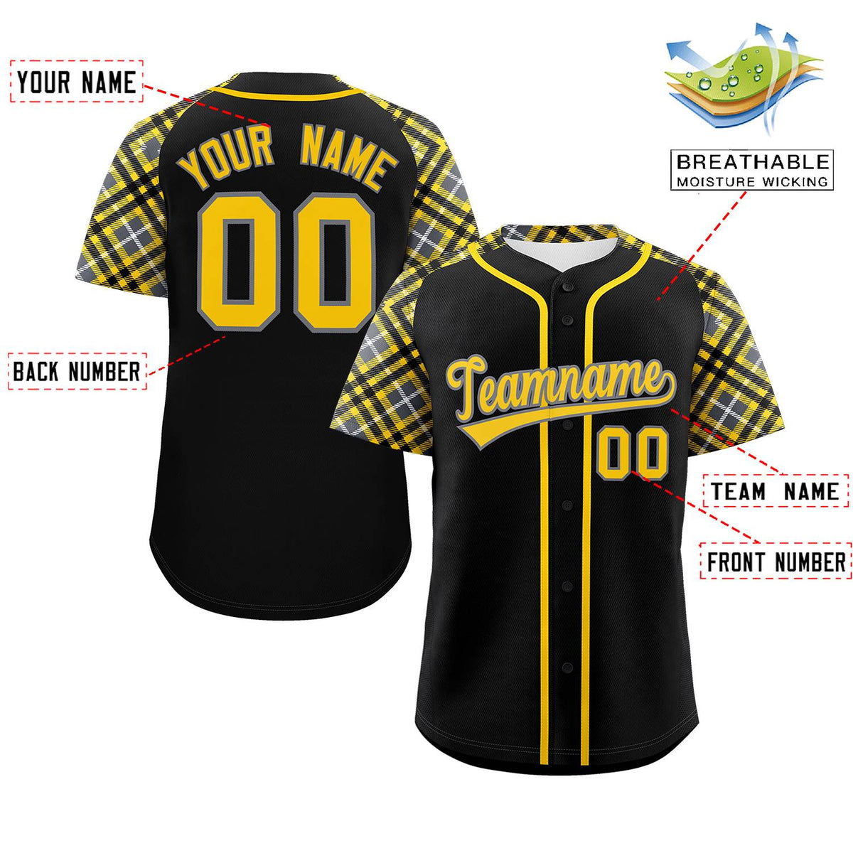 Custom Black Gold-Gray Personalized Raglan Sleeves Authentic Baseball Jersey | KXKSHOP