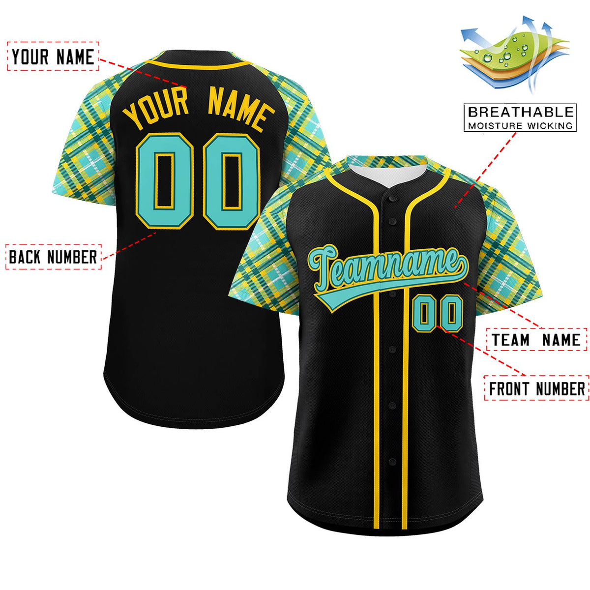 Custom Black Bright Green-Gold Personalized Raglan Sleeves Authentic Baseball Jersey | KXKSHOP