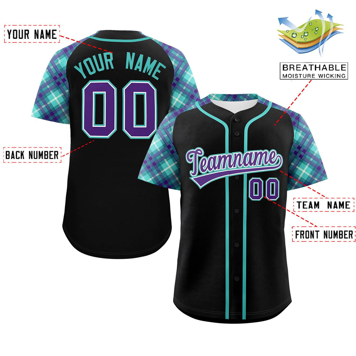 Custom Black Purple-Bright Green Personalized Raglan Sleeves Authentic Baseball Jersey | KXKSHOP