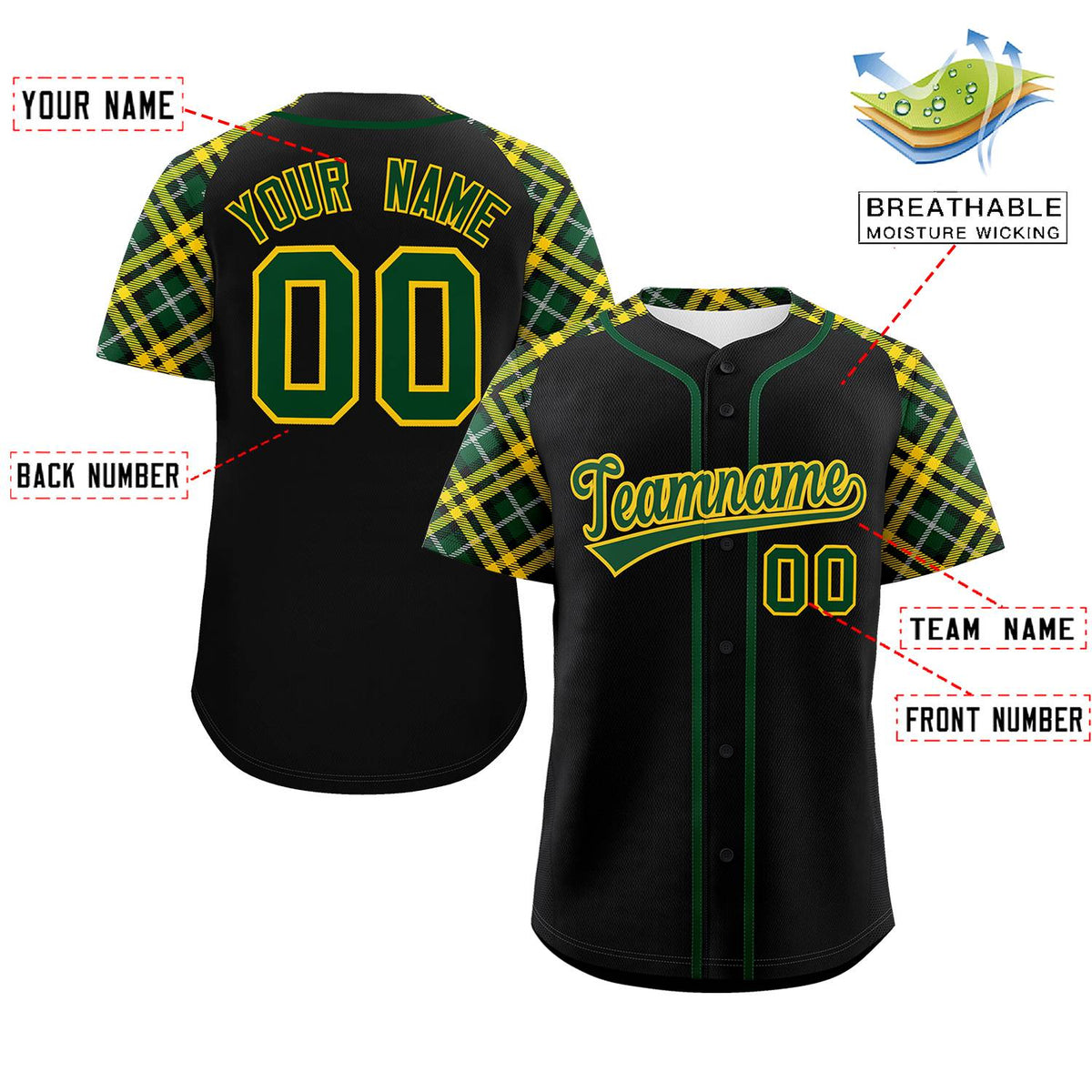 Custom Black Green-Gold Personalized Raglan Sleeves Authentic Baseball Jersey | KXKSHOP