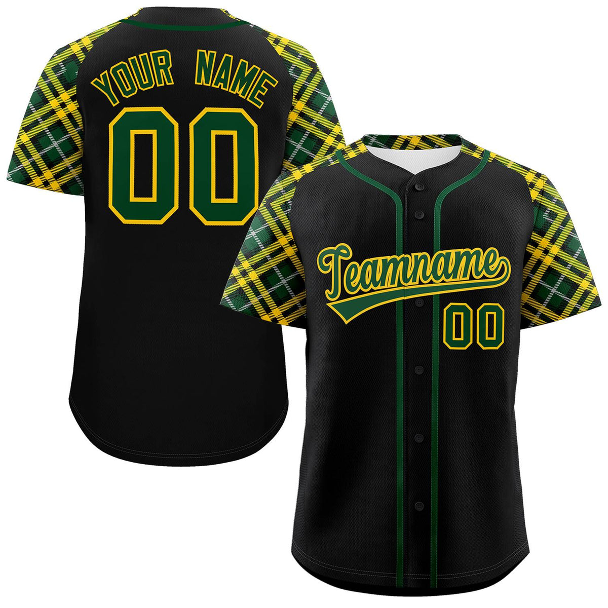 Custom Black Green-Gold Personalized Raglan Sleeves Authentic Baseball Jersey | KXKSHOP