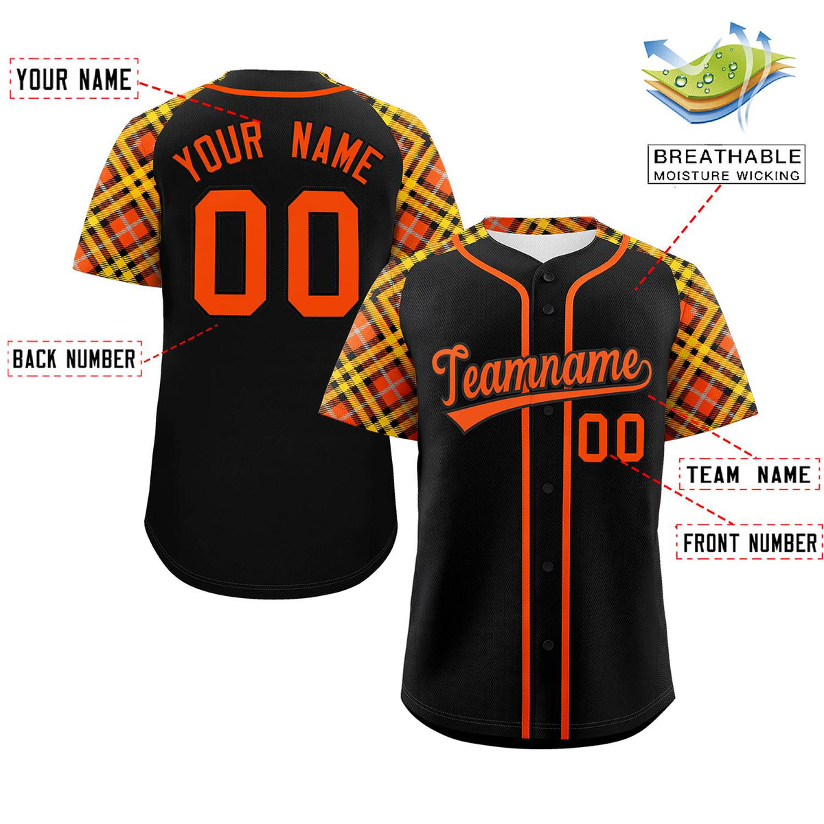 Custom Black Orange- Personalized Raglan Sleeves Authentic Baseball Jersey | KXKSHOP