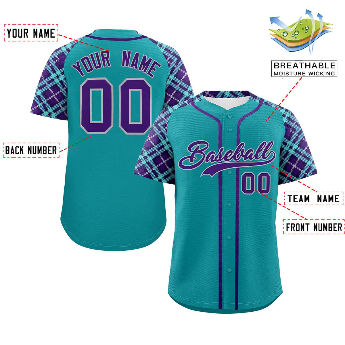 Custom Aqua Purple-Gray Personalized Raglan Sleeves Authentic Baseball Jersey | KXKSHOP