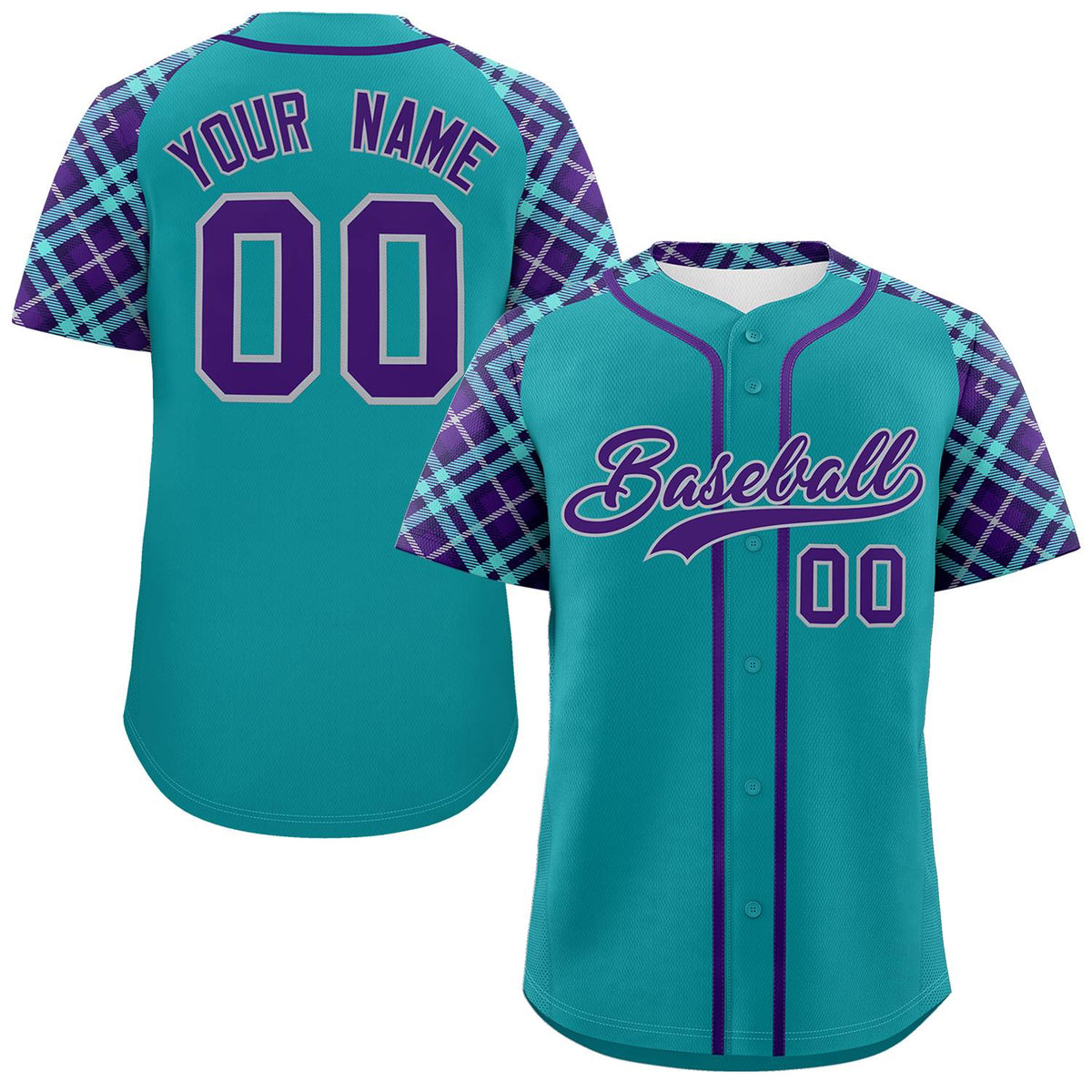 Custom Aqua Purple-Gray Personalized Raglan Sleeves Authentic Baseball Jersey | KXKSHOP